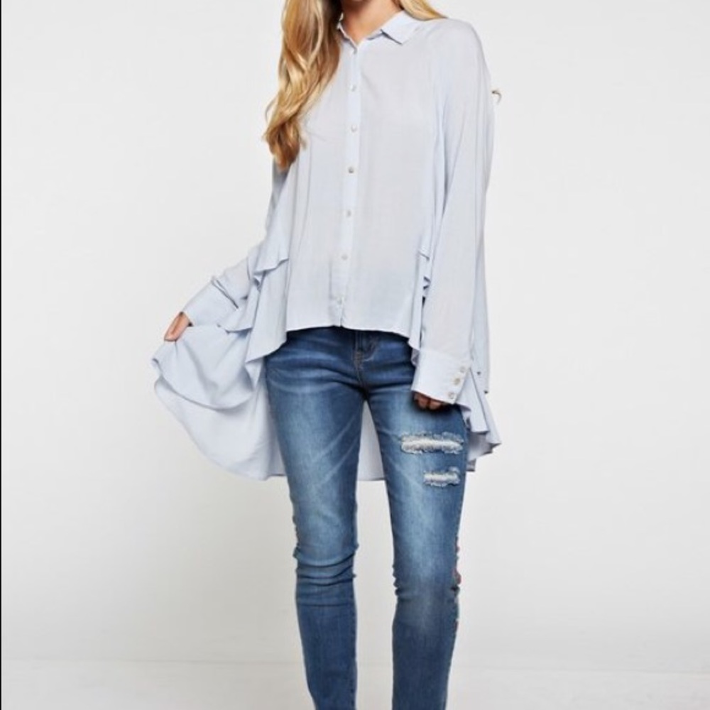 Blue Ruffled High-Low Work Blouse - Picture 4 of 7